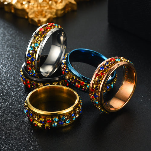 8MM Stainless Steel Colorful Rhinestone Rotating Ring