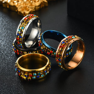 8MM Stainless Steel Colorful Rhinestone Rotating Ring