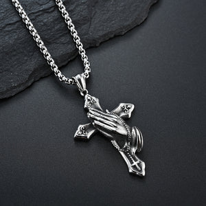 Vintage Praying Hands Cross Pendant Necklace