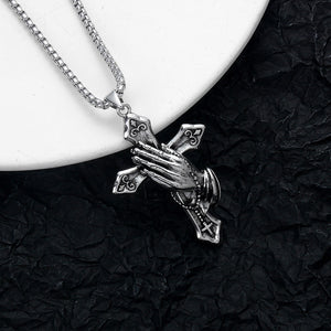 Vintage Praying Hands Cross Pendant Necklace