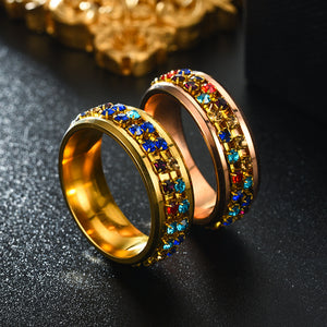 8MM Stainless Steel Colorful Rhinestone Rotating Ring