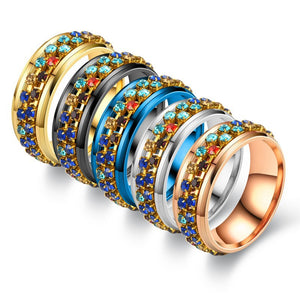 8MM Stainless Steel Colorful Rhinestone Rotating Ring