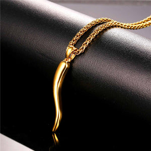 Stainless Steel Cornicello Italian Horn Amulet Pendant Necklace