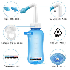 Sinus Rinse Nasal Wash Bottle BPA Free(300ml with 10 Wash Salt Packets)