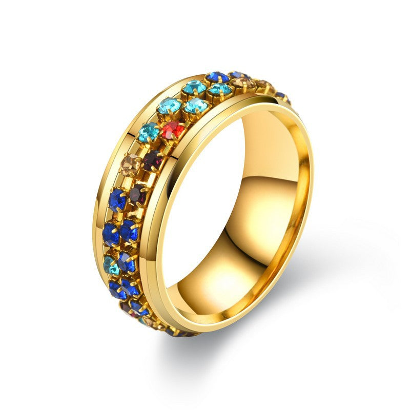 8MM Stainless Steel Colorful Rhinestone Rotating Ring